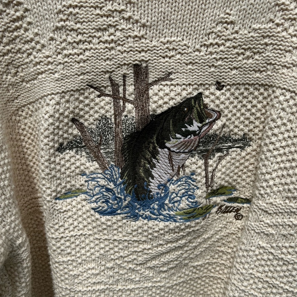 MENS NWOT LARGE TALL LT EMBROIDERED FISH CREAM LONG SLEEVE COTTON SWEATER